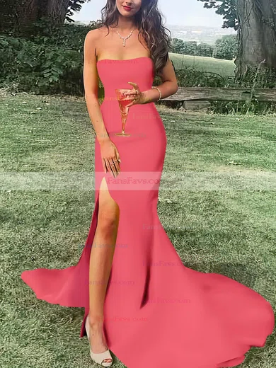 Sheath/Column Strapless Satin Sweep Train Split Front Prom Dresses #Favs020107470
