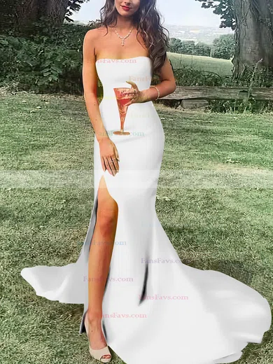 Sheath/Column Strapless Satin Sweep Train Split Front Prom Dresses #Favs020107470