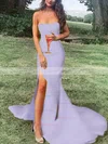 Sheath/Column Strapless Satin Sweep Train Split Front Prom Dresses #Favs020107470