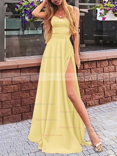 A-line V-neck Silk-like Satin Sweep Train Split Front Prom Dresses #Favs020107472