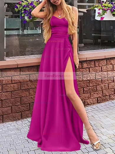 A-line V-neck Silk-like Satin Sweep Train Split Front Prom Dresses #Favs020107472