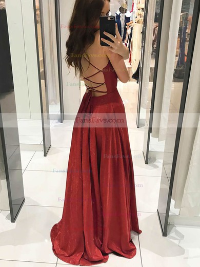 A-line V-neck Glitter Sweep Train Pockets Prom Dresses #Favs020107473