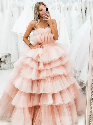 Ball Gown Strapless Tulle Sweep Train Tiered Prom Dresses #Favs020107476