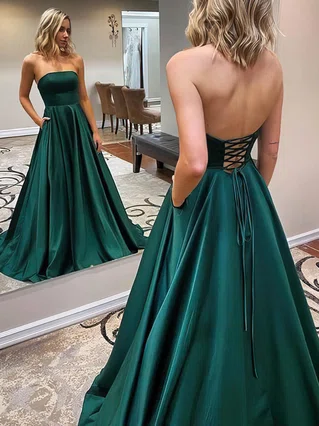 A-line Strapless Satin Sweep Train Pockets Prom Dresses #Favs020107479