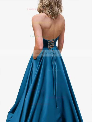 A-line Strapless Satin Sweep Train Pockets Prom Dresses #Favs020107479