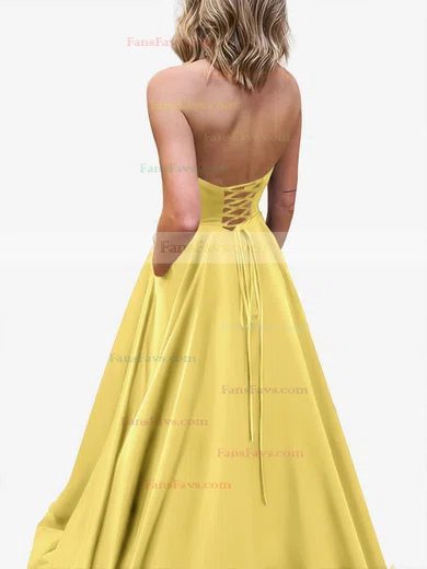 A-line Strapless Satin Sweep Train Pockets Prom Dresses #Favs020107479