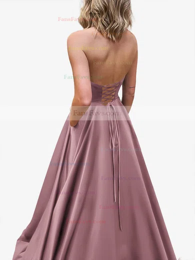 A-line Strapless Satin Sweep Train Pockets Prom Dresses #Favs020107479