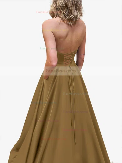 A-line Strapless Satin Sweep Train Pockets Prom Dresses #Favs020107479