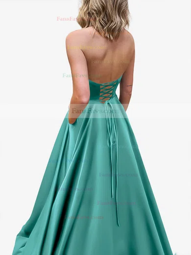 A-line Strapless Satin Sweep Train Pockets Prom Dresses #Favs020107479