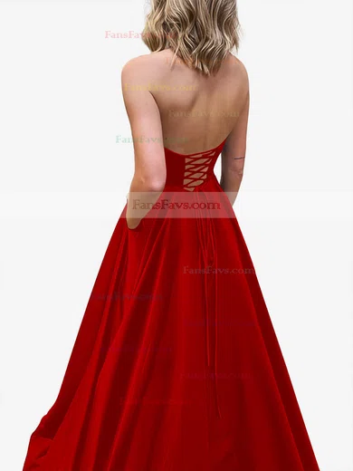 A-line Strapless Satin Sweep Train Pockets Prom Dresses #Favs020107479