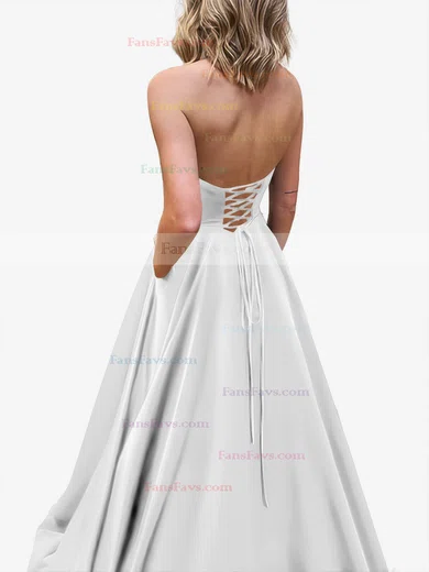 A-line Strapless Satin Sweep Train Pockets Prom Dresses #Favs020107479
