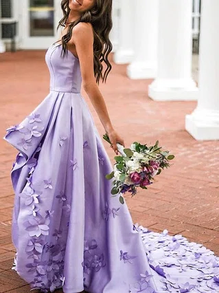 A-line Strapless Silk-like Satin Sweep Train Flower(s) Prom Dresses #Favs020107481 A-line Strapless Silk-like Satin Sweep Train Flower(s) Prom Dresses #Favs020107481