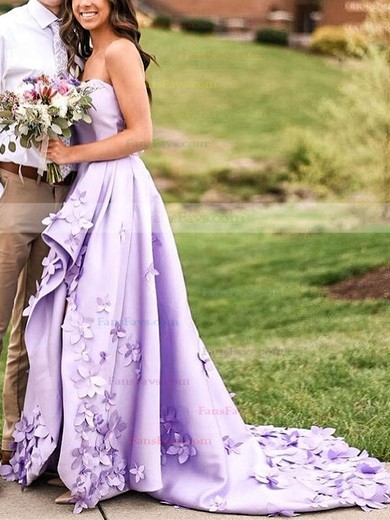 A-line Strapless Silk-like Satin Sweep Train Flower(s) Prom Dresses #Favs020107481