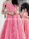 A-line Off-the-shoulder Tulle Sweep Train Beading Prom Dresses #Favs020107484