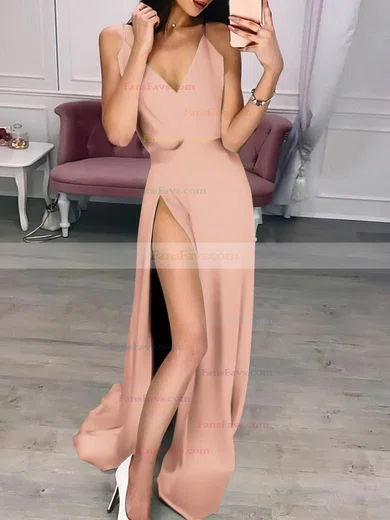 A-line V-neck Silk-like Satin Sweep Train Split Front Prom Dresses #Favs020107485