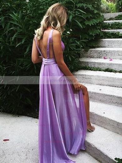 A-line V-neck Satin Chiffon Sweep Train Prom Dresses #Favs020107486