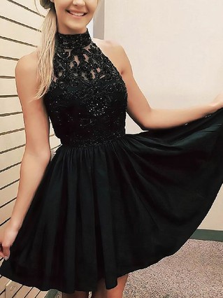 A-line High Neck Silk-like Satin Short/Mini Beading Short Prom Dresses #Favs020107487 A-line High Neck Silk-like Satin Short/Mini Beading Short Prom Dresses #Favs020107487