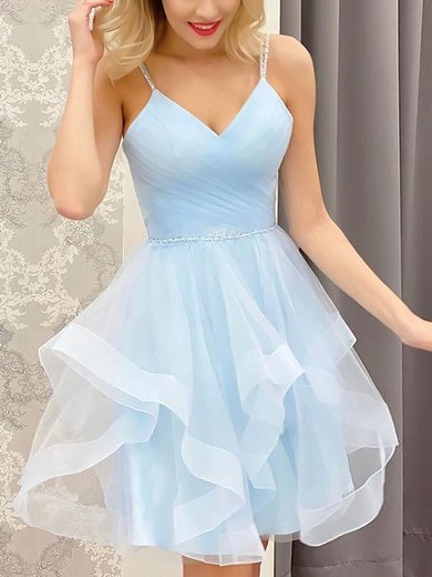 A-line V-neck Tulle Short/Mini Prom Dresses #Favs020107488