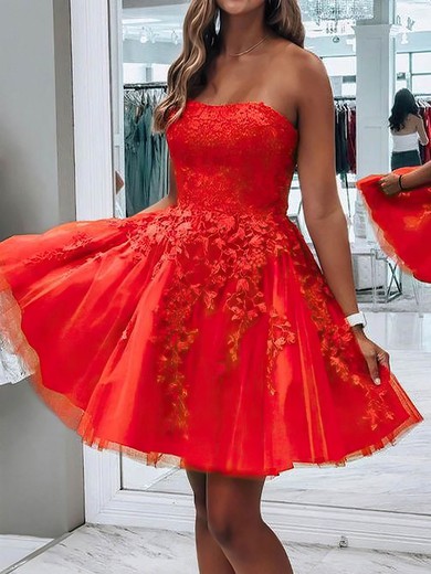 A-line Strapless Tulle Short/Mini Appliques Lace Prom Dresses #Favs020107489