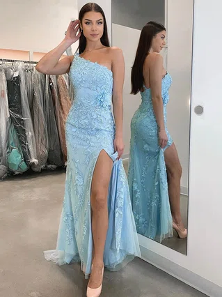 Sheath/Column One Shoulder Tulle Sweep Train Split Front Prom Dresses #Favs020107490 Sheath/Column One Shoulder Tulle Sweep Train Split Front Prom Dresses #Favs020107490