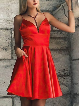 A-line V-neck Silk-like Satin Short/Mini Pockets Short Prom Dresses #Favs020107492 A-line V-neck Silk-like Satin Short/Mini Pockets Short Prom Dresses #Favs020107492