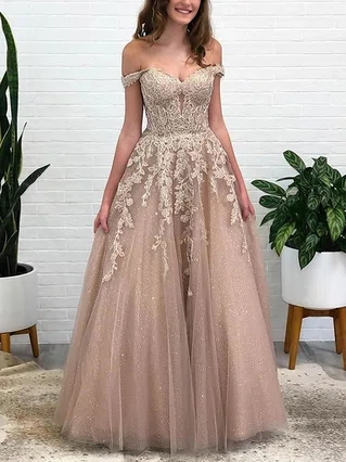 A-line Off-the-shoulder Glitter Floor-length Appliques Lace Prom Dresses #Favs020107495 A-line Off-the-shoulder Glitter Floor-length Appliques Lace Prom Dresses #Favs020107495