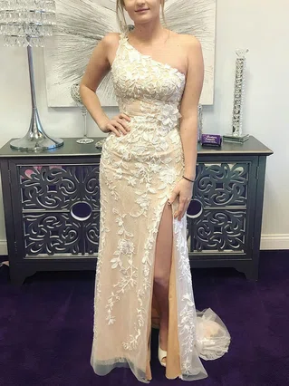 Trumpet/Mermaid One Shoulder Tulle Sweep Train Appliques Lace Prom Dresses #Favs020107496