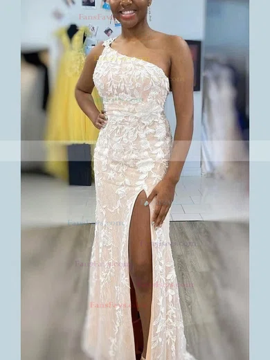 Trumpet/Mermaid One Shoulder Tulle Sweep Train Appliques Lace Prom Dresses #Favs020107496