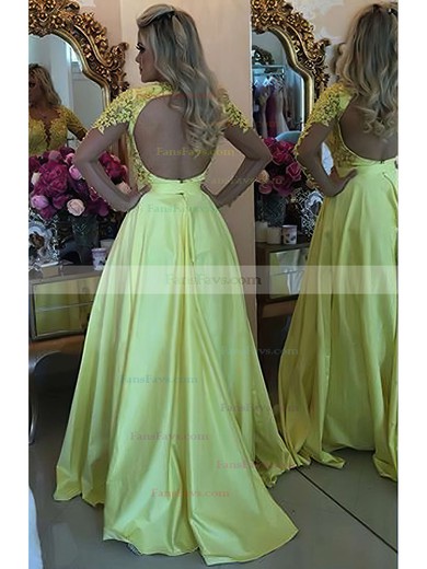 A-line Scoop Neck Satin Sweep Train Appliques Lace Prom Dresses #Favs020102805