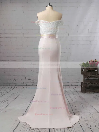 Trumpet/Mermaid Off-the-shoulder Silk-like Satin Sweep Train Sashes / Ribbons Prom Dresses #Favs020104519