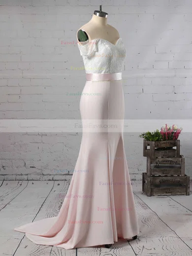 Trumpet/Mermaid Off-the-shoulder Silk-like Satin Sweep Train Sashes / Ribbons Prom Dresses #Favs020104519