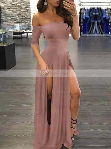 A-line Off-the-shoulder Silk-like Satin Sweep Train Split Front Prom Dresses #Favs020107500