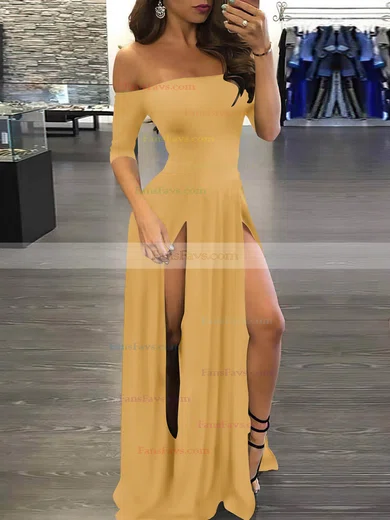 A-line Off-the-shoulder Silk-like Satin Sweep Train Split Front Prom Dresses #Favs020107500