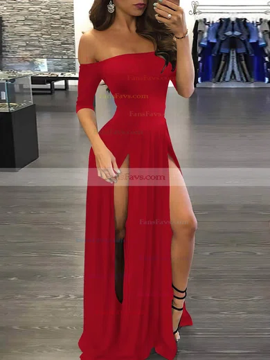 A-line Off-the-shoulder Silk-like Satin Sweep Train Split Front Prom Dresses #Favs020107500