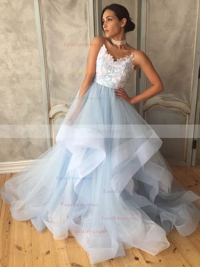 A-line V-neck Tulle Sweep Train Appliques Lace Prom Dresses #Favs020107502