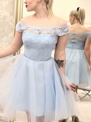 A-line Off-the-shoulder Tulle Short/Mini Beading Short Prom Dresses #Favs020107505