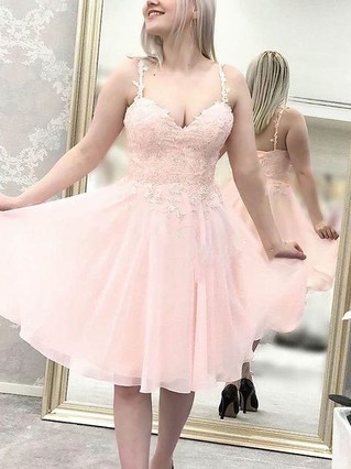 A-line V-neck Chiffon Short/Mini Appliques Lace Short Prom Dresses #Favs020107506 A-line V-neck Chiffon Short/Mini Appliques Lace Short Prom Dresses #Favs020107506