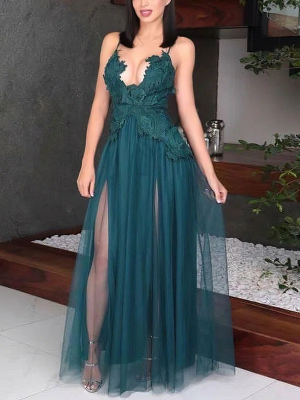 A-line V-neck Tulle Floor-length Appliques Lace Prom Dresses #Favs020107507