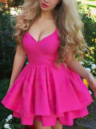 A-line V-neck Silk-like Satin Short/Mini Tiered Short Prom Dresses #Favs020107510