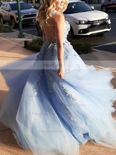 A-line Square Neckline Tulle Sweep Train Appliques Lace Prom Dresses #Favs020107512