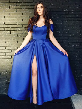 A-line Off-the-shoulder Satin Sweep Train Split Front Prom Dresses #Favs020107513 A-line Off-the-shoulder Satin Sweep Train Split Front Prom Dresses #Favs020107513