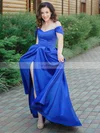 A-line Off-the-shoulder Satin Sweep Train Split Front Prom Dresses #Favs020107513