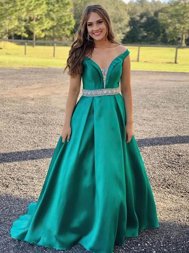 A-line Off-the-shoulder Silk-like Satin Sweep Train Beading Prom Dresses #Favs020107514