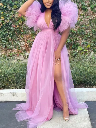 A-line V-neck Tulle Sweep Train Ruffles Prom Dresses #Favs020107515