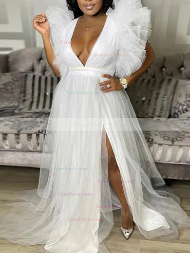 A-line V-neck Tulle Sweep Train Ruffles Prom Dresses #Favs020107515