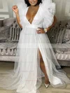 A-line V-neck Tulle Sweep Train Ruffles Prom Dresses #Favs020107515
