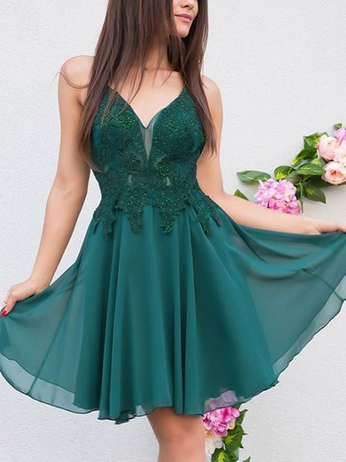 A-line V-neck Chiffon Short/Mini Appliques Lace Prom Dresses #Favs020107516