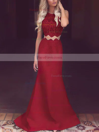 Trumpet/Mermaid Scoop Neck Satin Tulle Sweep Train Appliques Lace Prom Dresses #Favs020104536