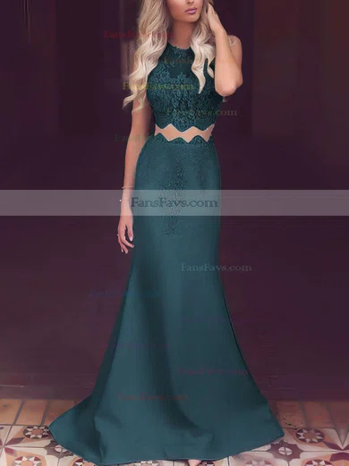 Trumpet/Mermaid Scoop Neck Satin Tulle Sweep Train Appliques Lace Prom Dresses #Favs020104536