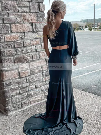 Trumpet/Mermaid One Shoulder Silk-like Satin Sweep Train Split Front Prom Dresses #Favs020107522